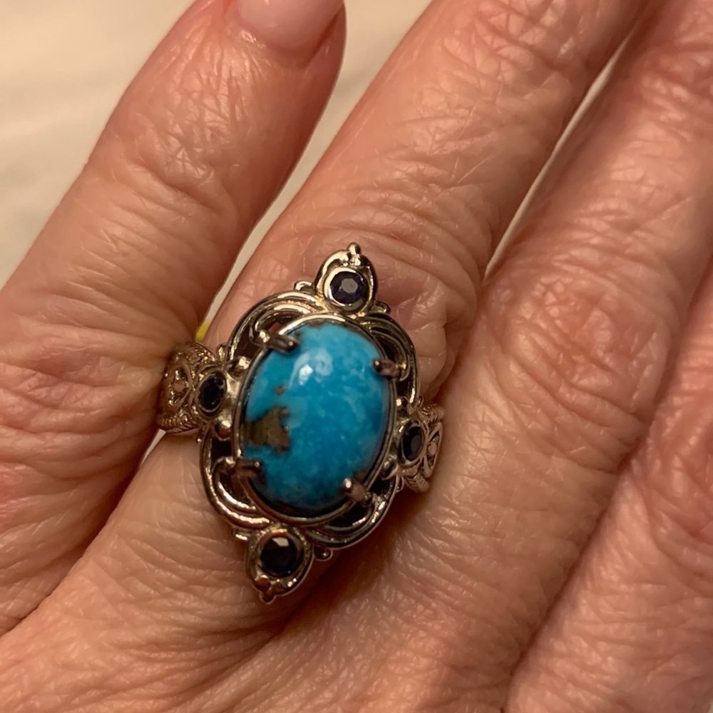 NWT Turquoise, Blue Sapphire Ring in Platinum over Sterling Silver 6.21 ctw